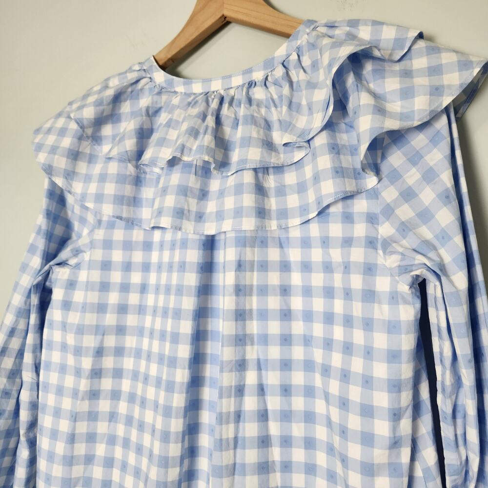 Hill House Colette Blue Jacquard Check Ruffle Long Sleeve Mini Dress, XS - Picture 11 of 14
